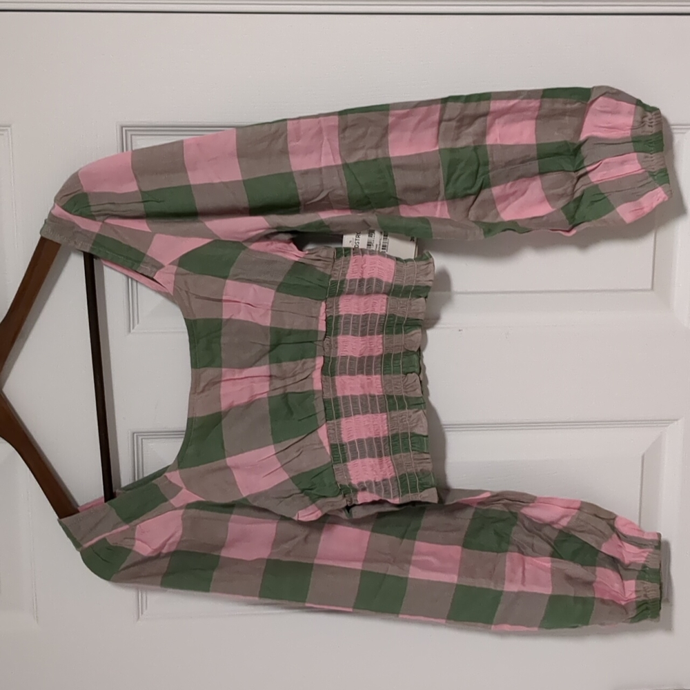 BP Pink Green Buffalo Check Smocked Crop Top